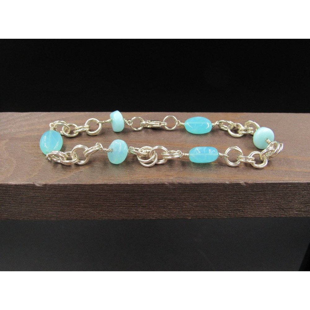 8" Sterling Silver Odd Blue Color Glass Bracelet Vintage Elegant Beautiful